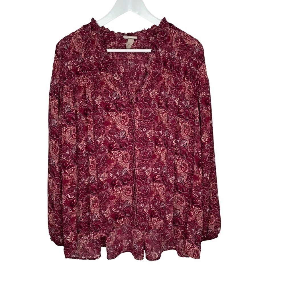 Knox Rose Womens Red Pink Boho Flowy Long Sleeve Blouse Medium